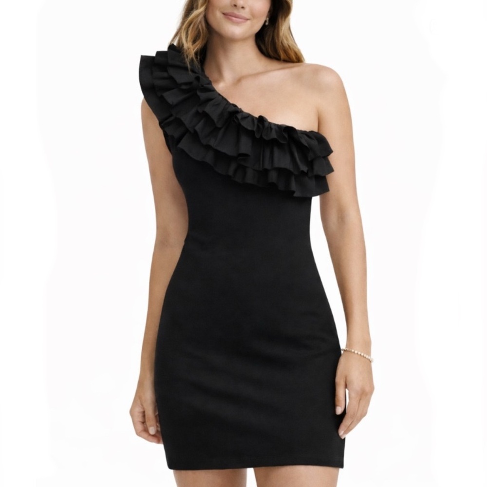 Zara Black One-Shoulder Knit Ruffle Dress - Size Small (NWOT) - Picture 1 of 2